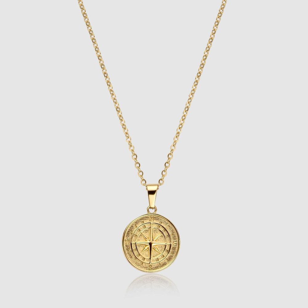 18k Gold Compass North Star Pendant Chain Mens Compass Necklace Gold Anchor GIFT